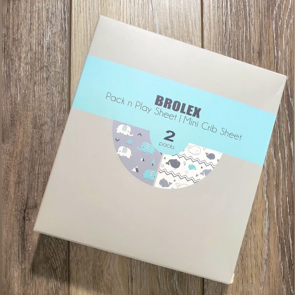 Brolex Pack n Play Mini Crib Sheet Set Gray, White Aqua Gray Elephants Whales